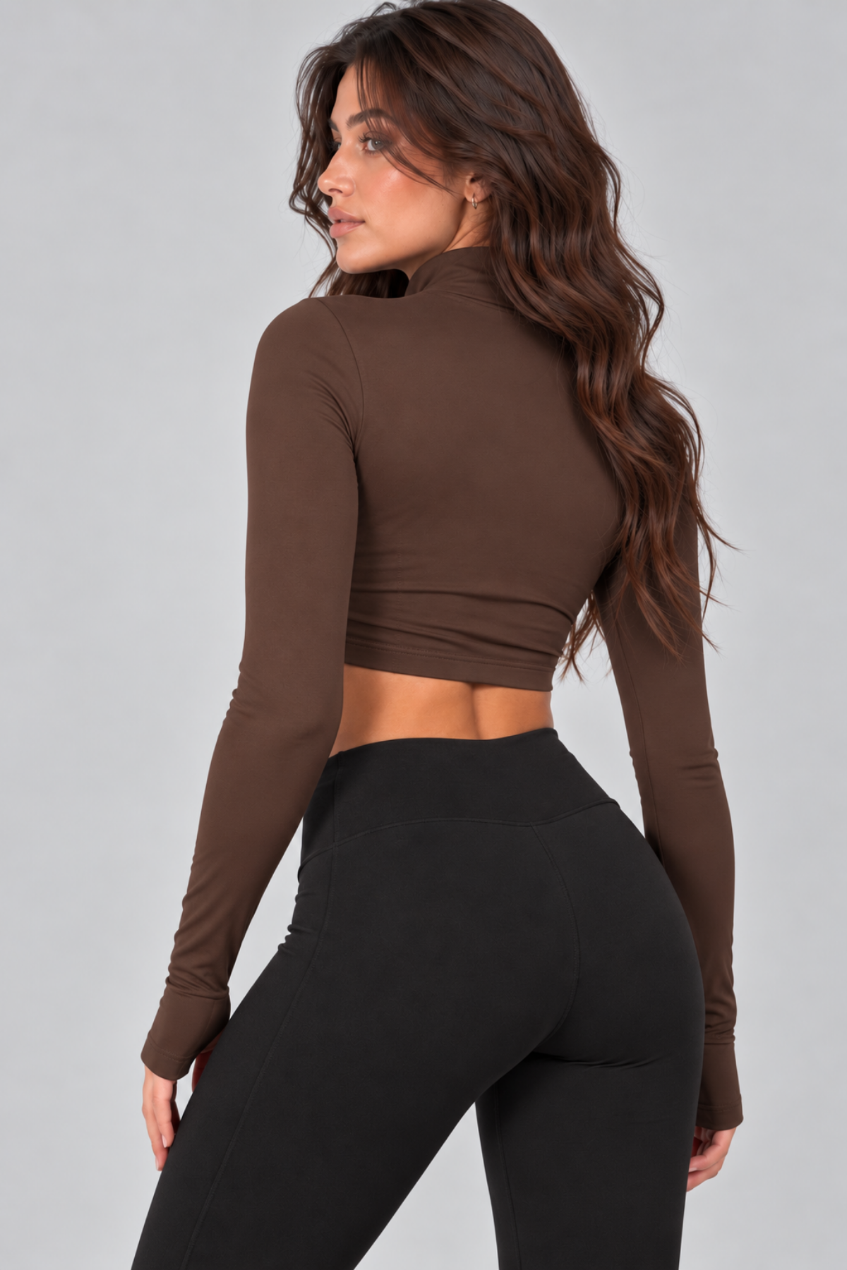 Kadın Fermuarlı Dik Yaka Parmak Geçmeli Uzun Kollu Slim Fit Kahve Rengi Beyaz Bluz Crop