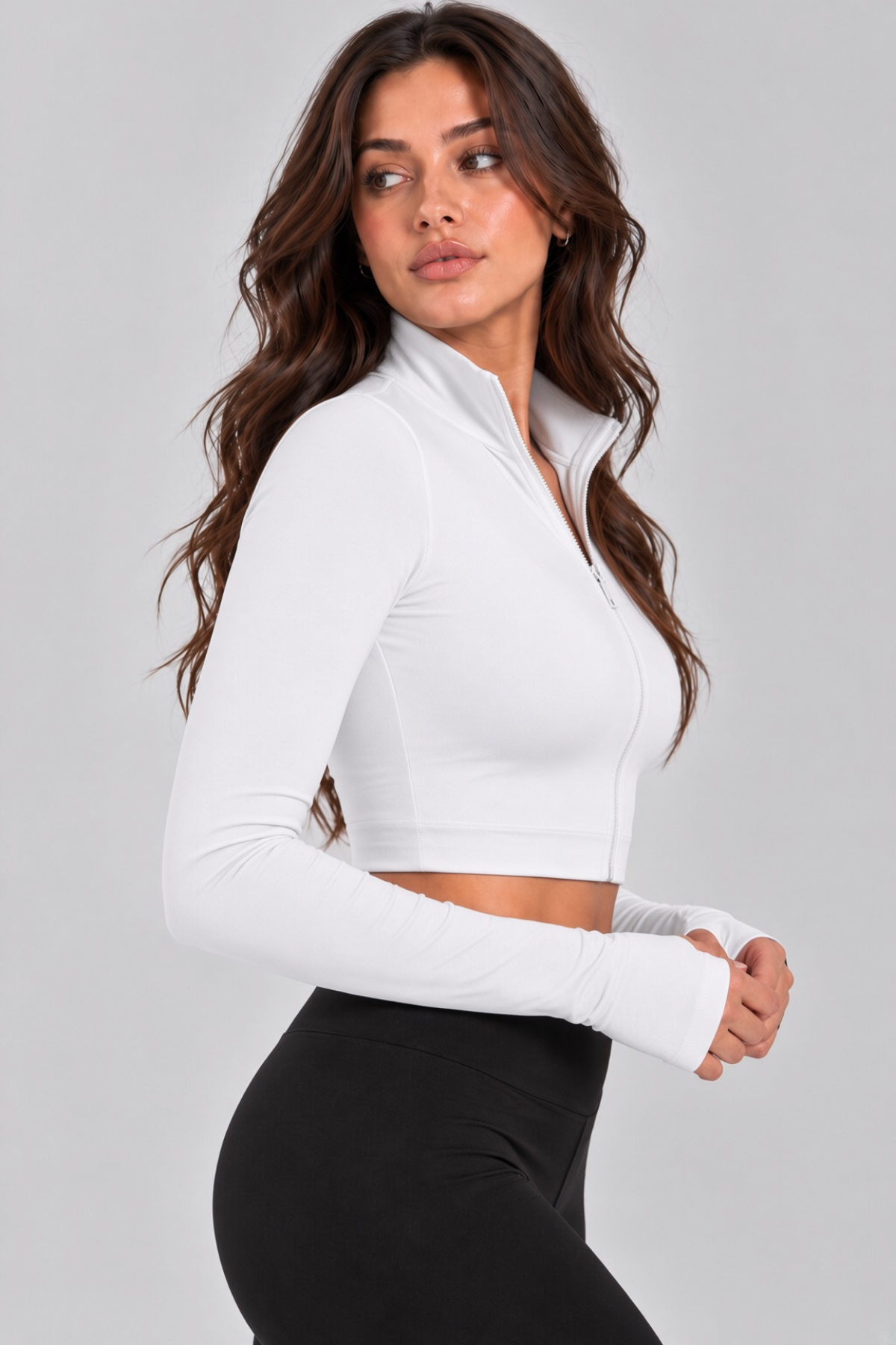 Kadın Fermuarlı Dik Yaka Parmak Geçmeli Uzun Kollu Slim Fit Spor Beyaz Bluz Crop