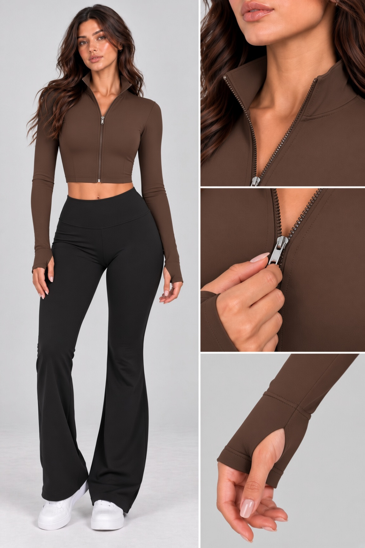 Kadın Fermuarlı Dik Yaka Parmak Geçmeli Uzun Kollu Slim Fit Kahve Rengi Beyaz Bluz Crop