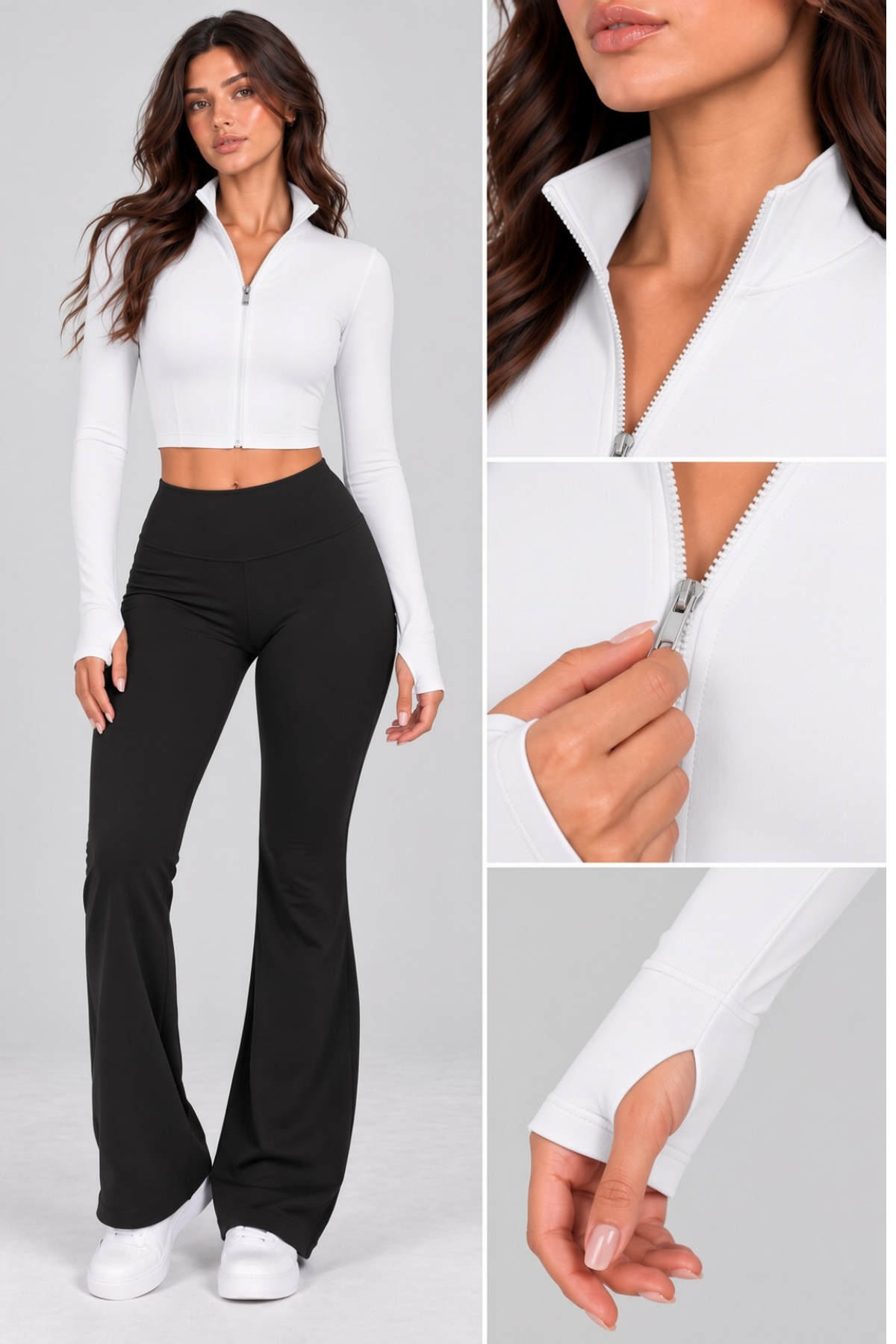 Kadın Fermuarlı Dik Yaka Parmak Geçmeli Uzun Kollu Slim Fit Spor Beyaz Bluz Crop