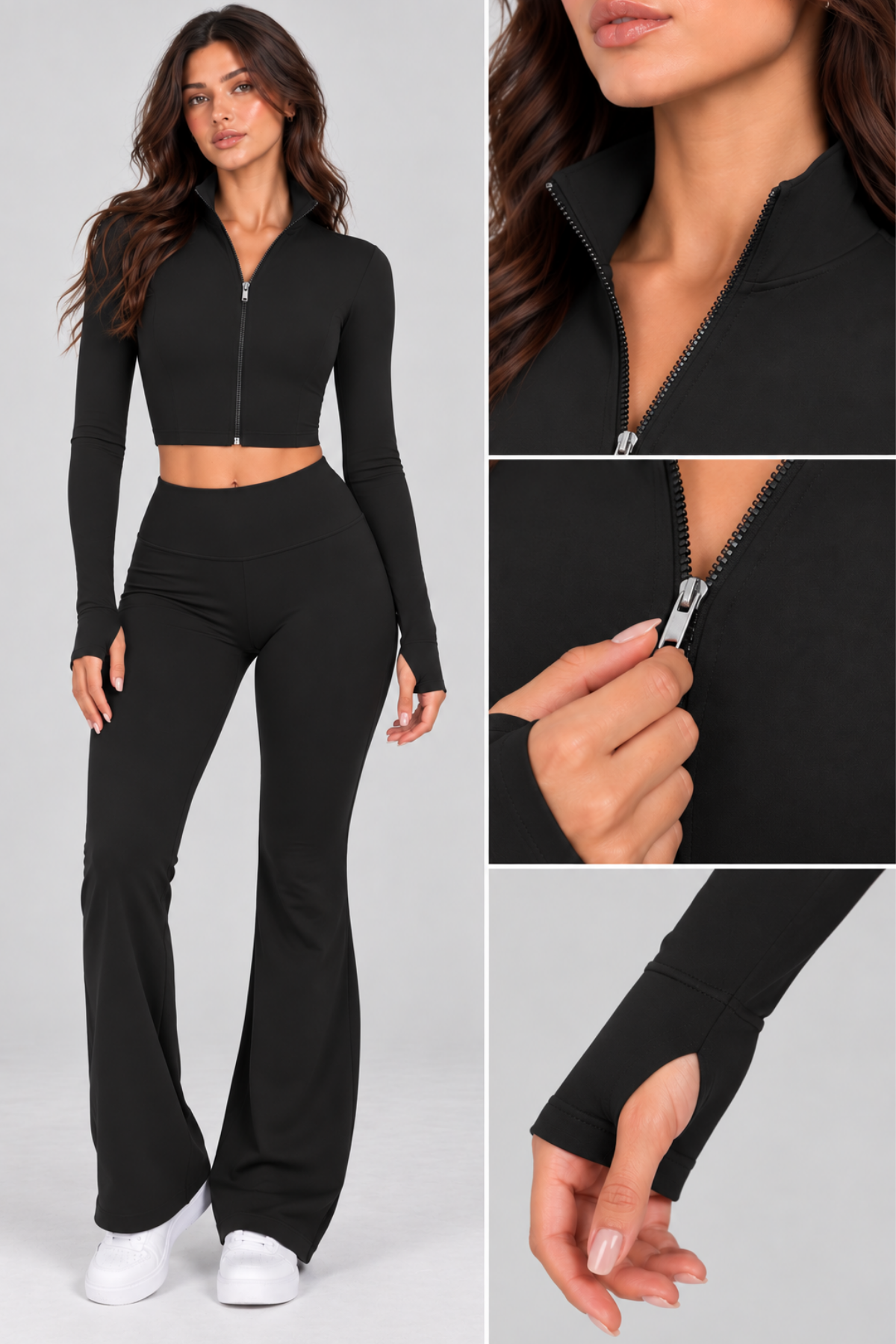Kadın Fermuarlı Dik Yaka Parmak Geçmeli Uzun Kollu Slim Fit Siyah Beyaz Bluz Crop