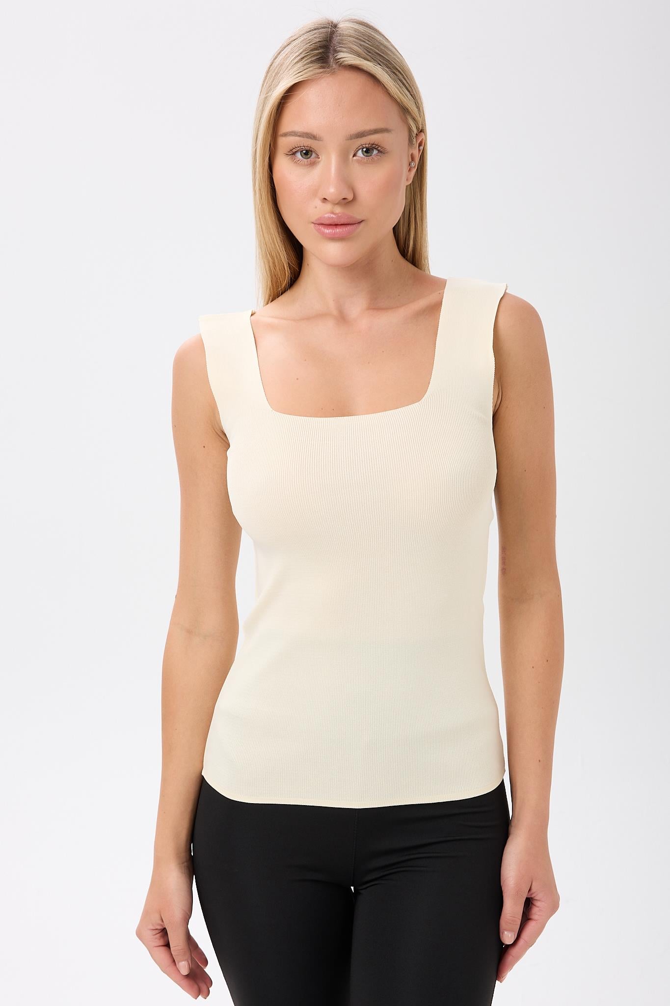 Kadın Kare Yaka Kalın  Askılı Basic Fit Krem Bluz Crop Top