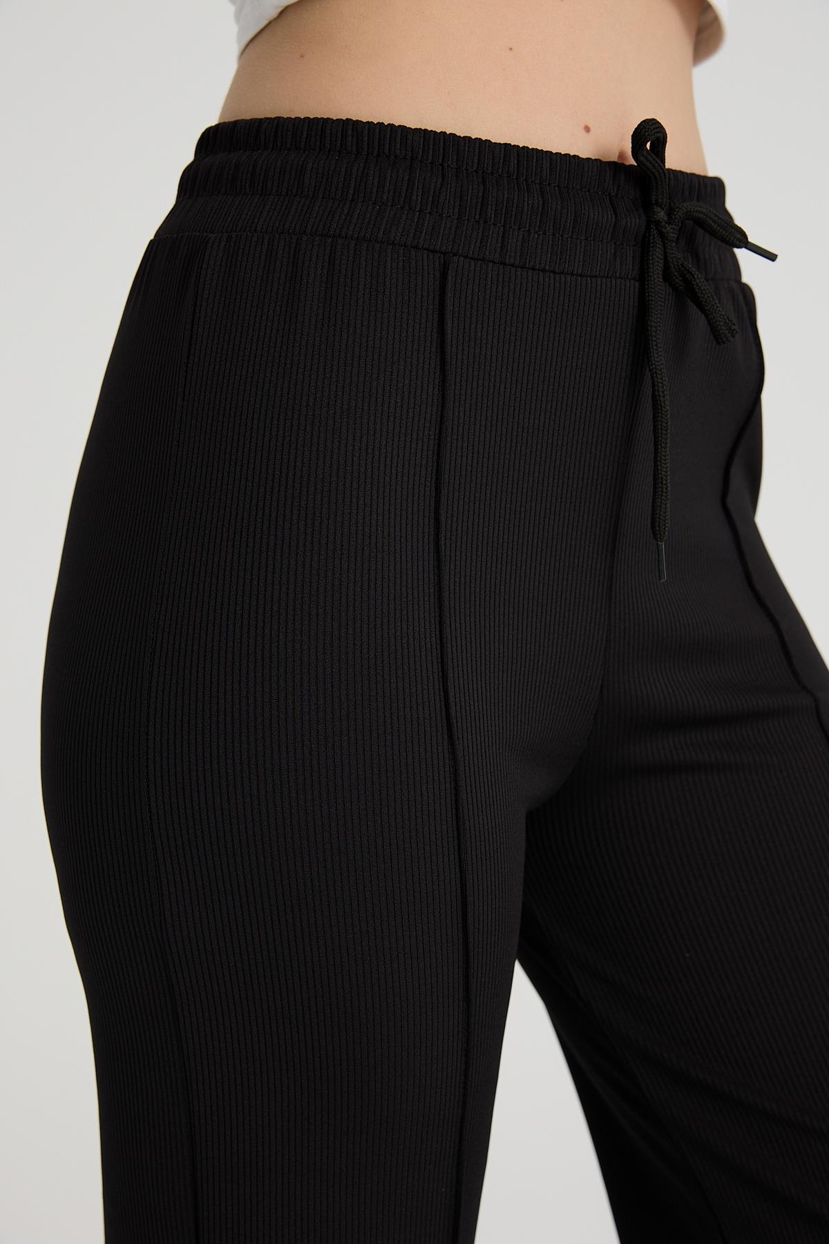 Kadın Siyah Nervürlü Beli Lastikli Fitilli Tayt Eşofman Altı Bootcut