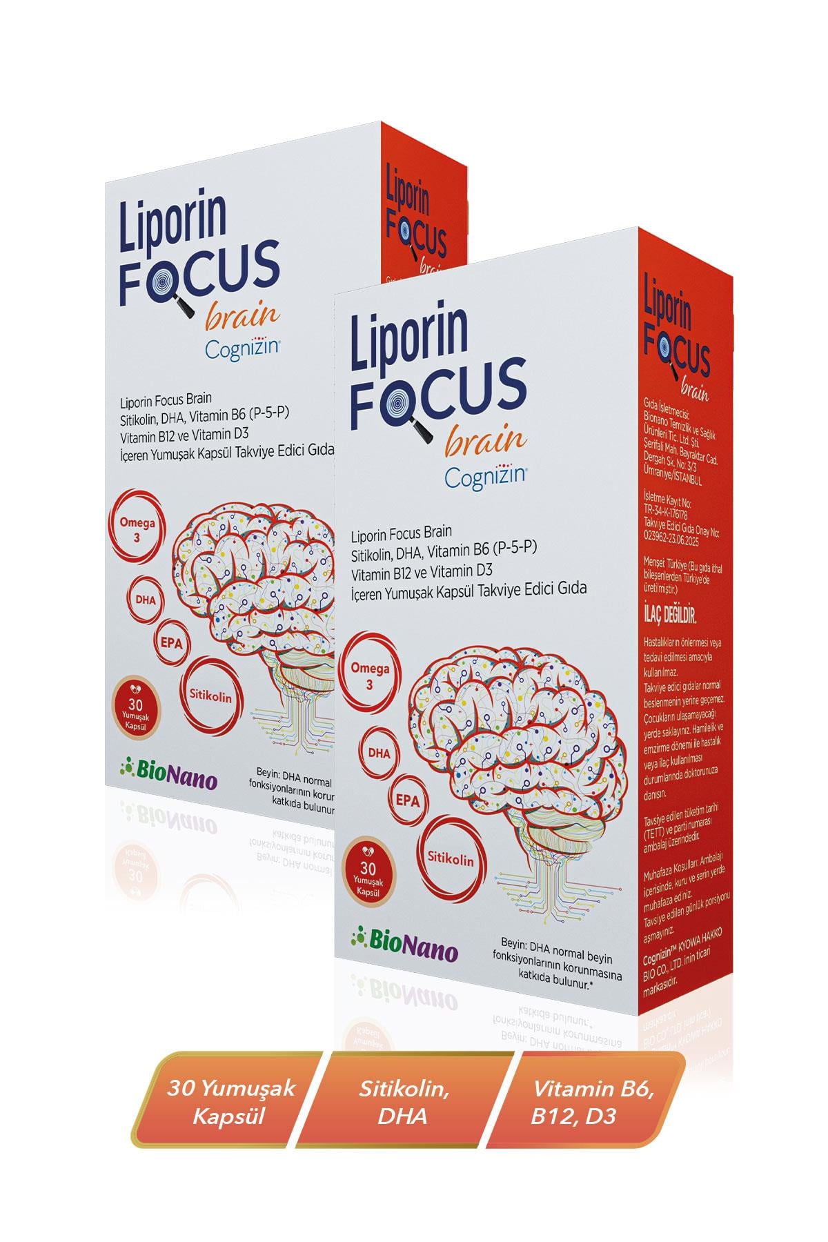 2 Kutu Focus Brain Sitikolin, DHA, Vitamin B6(P-5-P) ,Vitamin B12 ve Vitamin D3 30 Kapsül