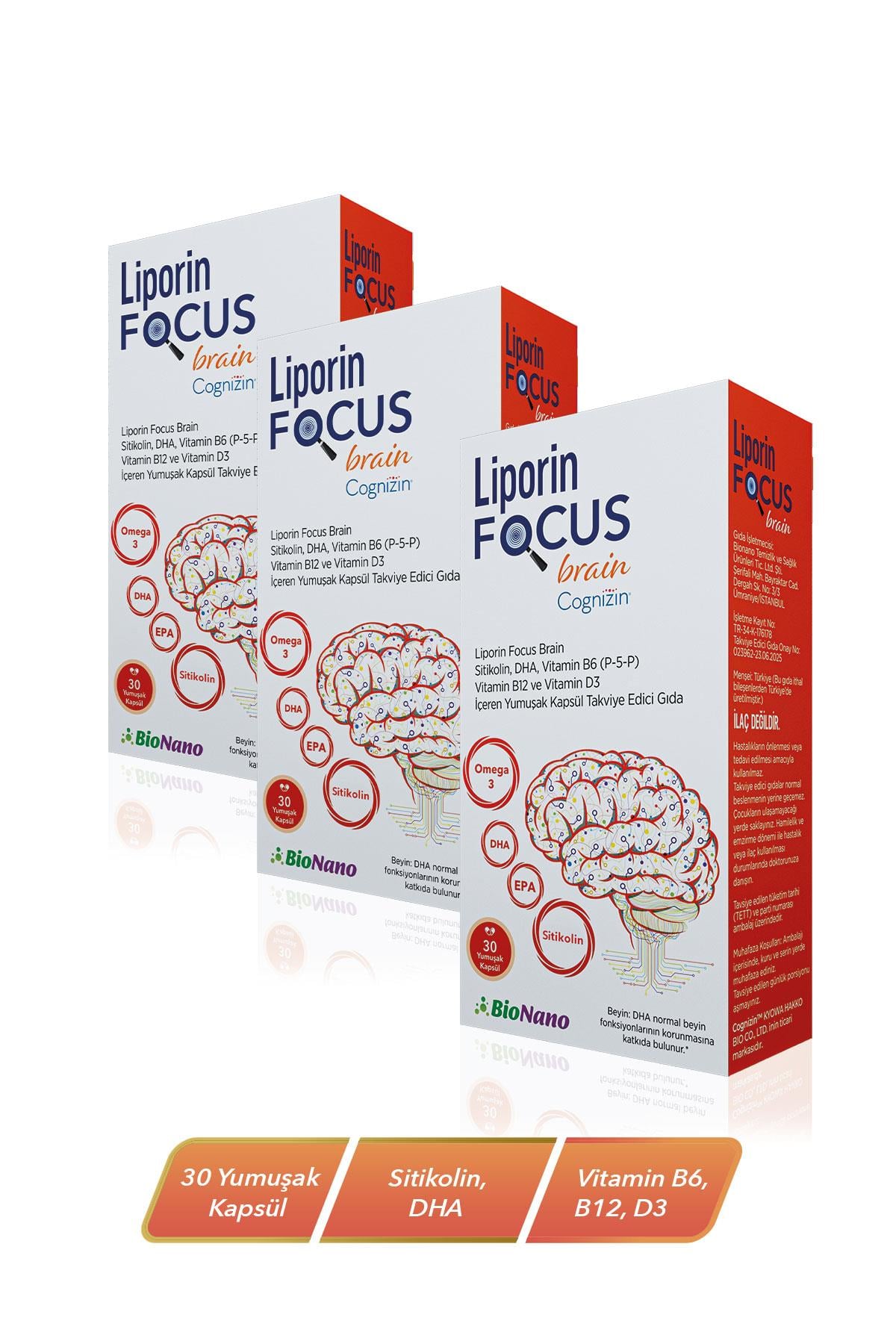 3 Kutu Focus Brain Sitikolin, DHA, Vitamin B6(P-5-P) ,Vitamin B12 ve Vitamin D3 30 Kapsül