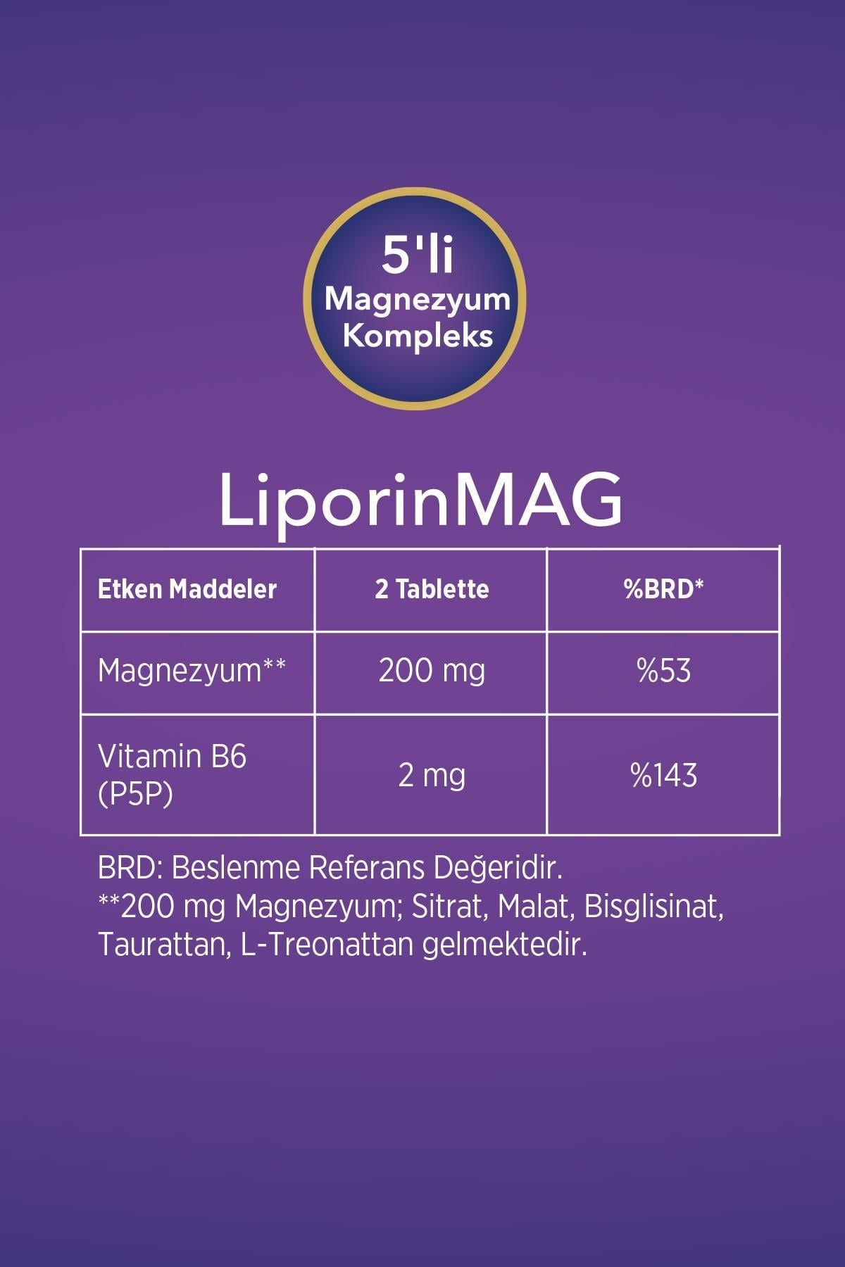 3 Kutu LiporinMAG Magnezyum Complex (Sitrat, Malat, Bisglisinat, Taurat, L-Treonat) B6 200 mg