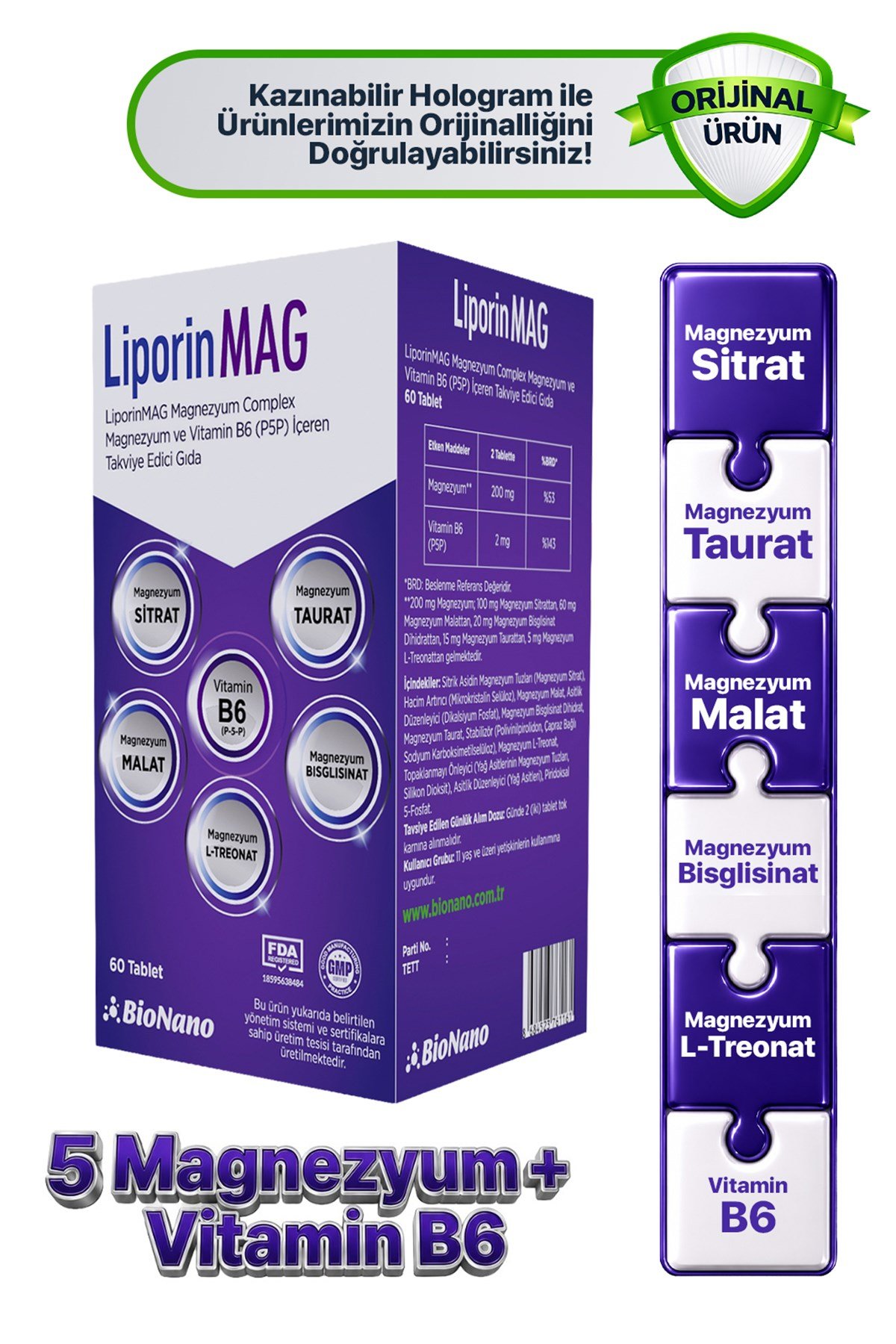LiporinMAG Magnezyum Complex (Sitrat, Malat, Bisglisinat, Taurat, L-Treonat) B6 200 mg 60 Tablet