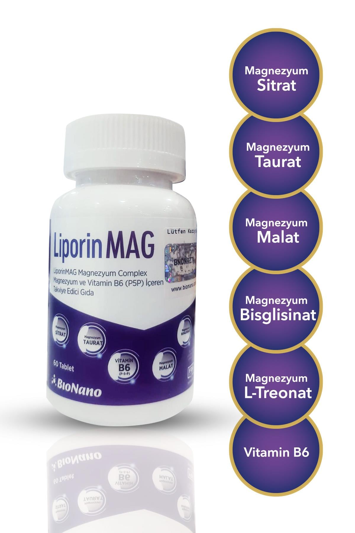 LiporinMAG Magnezyum Complex (Sitrat, Malat, Bisglisinat, Taurat, L-Treonat) B6 200 mg 60 Tablet