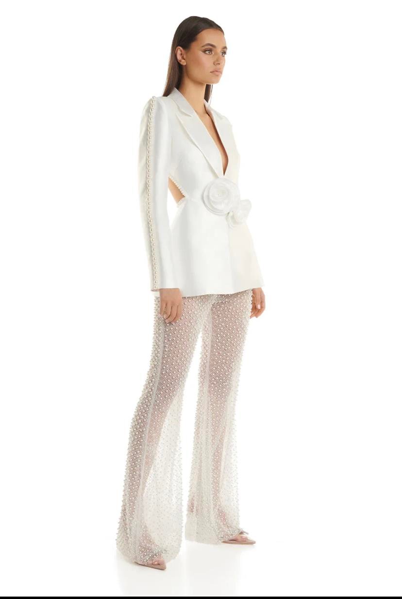 3D çiçek Cut-out Blazer pullu boncuk smokin ve pantolon takım
