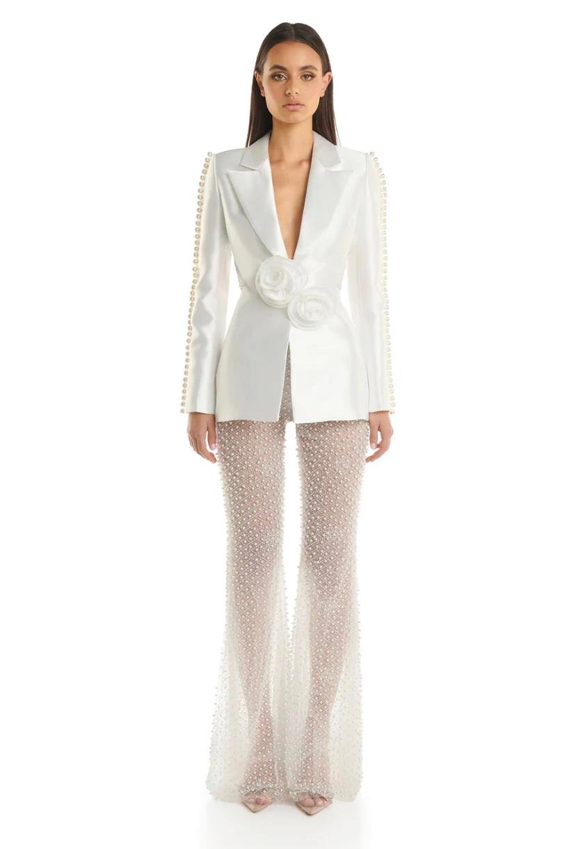3D çiçek Cut-out Blazer pullu boncuk smokin ve pantolon takım