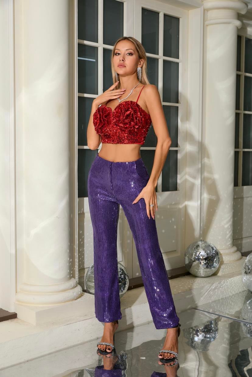 3D Çicekli Payetli Büstiyer ve Pantolon