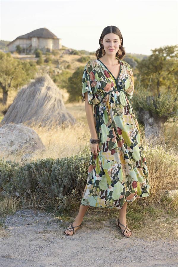 Arias Closet %100 Viskon Çiçek ve Yaprak Desenli Kısa Kollu Elbise