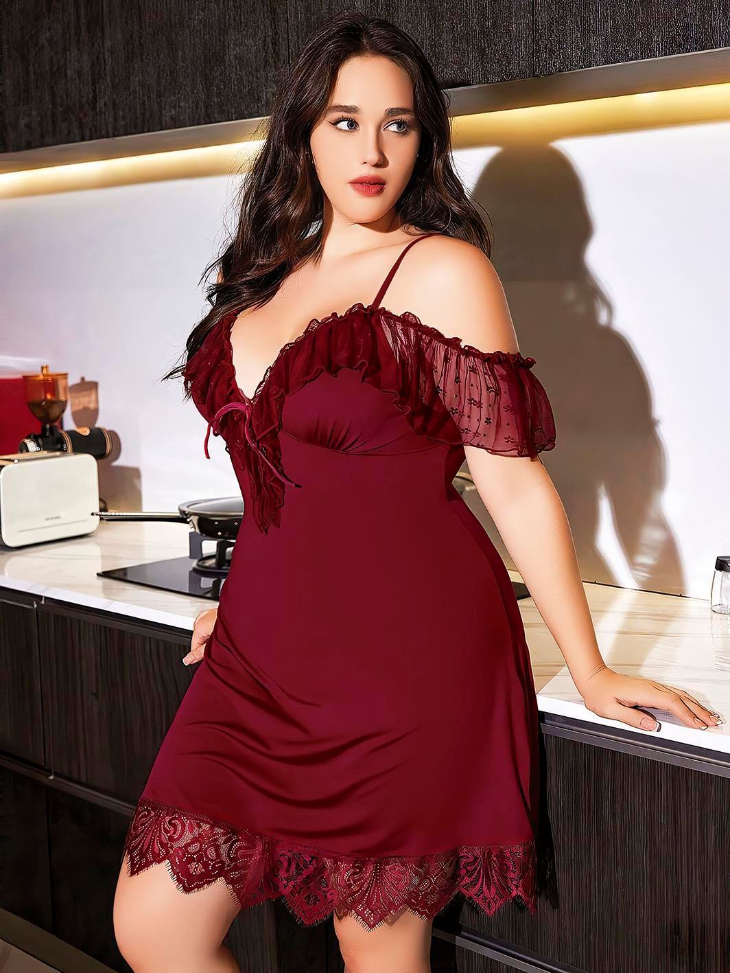 Aria's Closet Büyük Beden Bordo Dantel İşlemeli İnce Askılı Gecelik