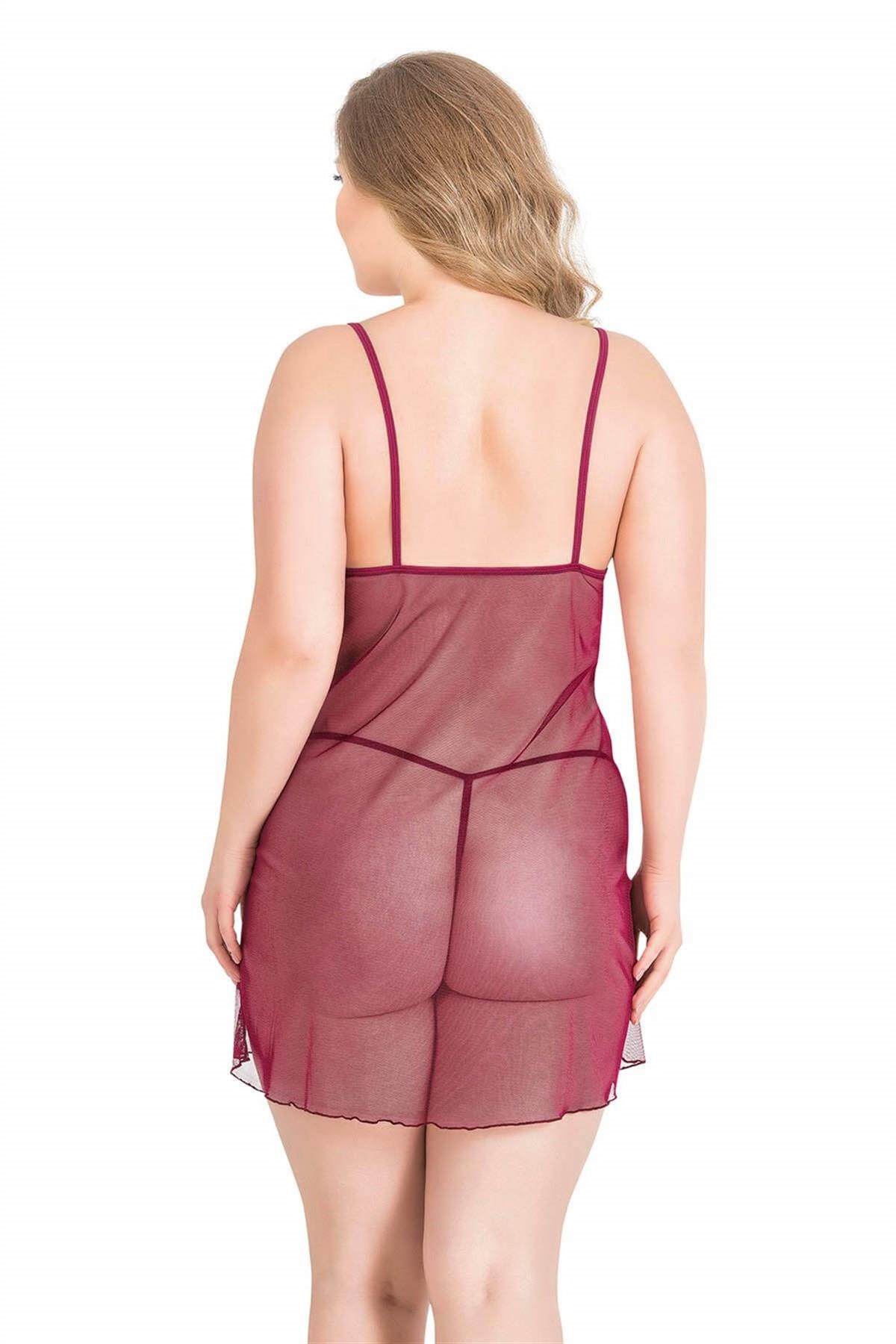 Aria's Closet Büyük Beden Bordo Kısa Tül Gecelik