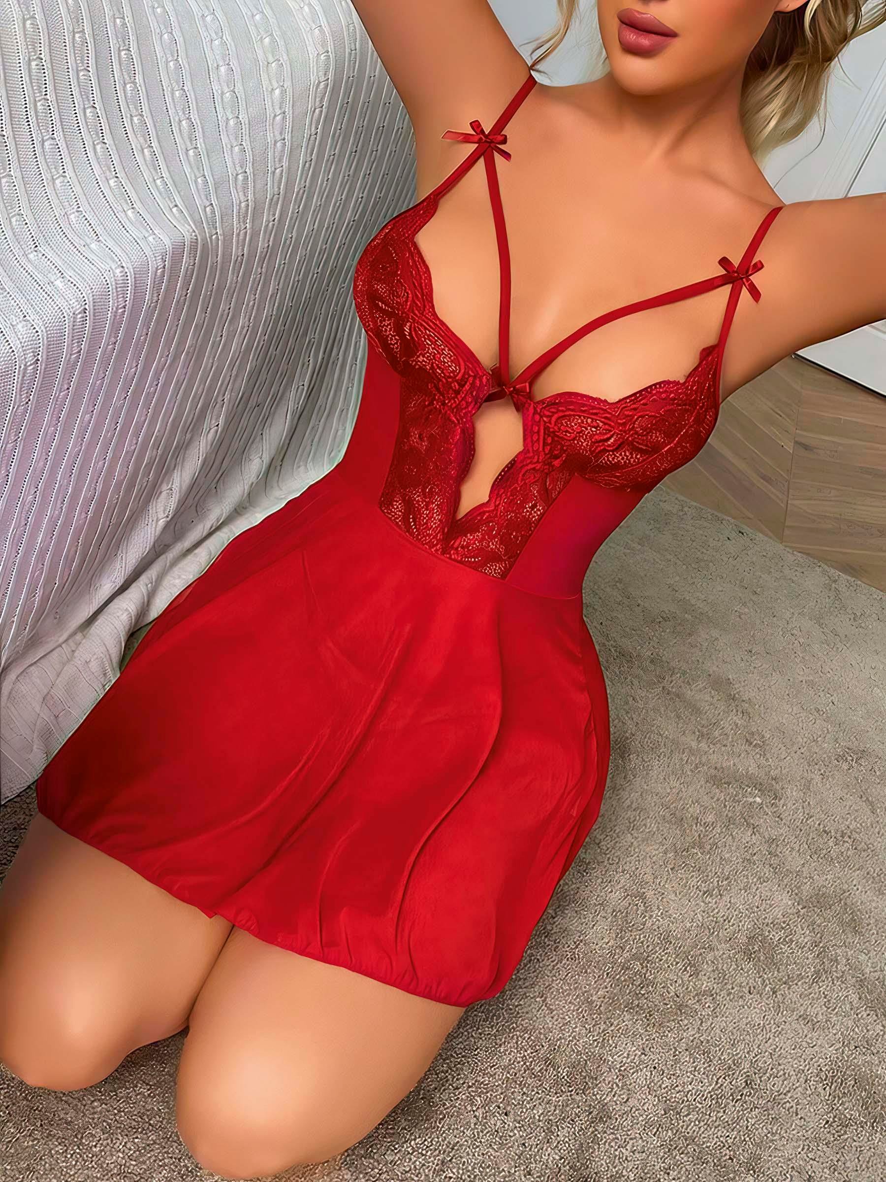 Aria's Closet Kırmızı Dantel İşlemeli Göğüs İp Detaylı Fantezi Tül Gecelik Takımı