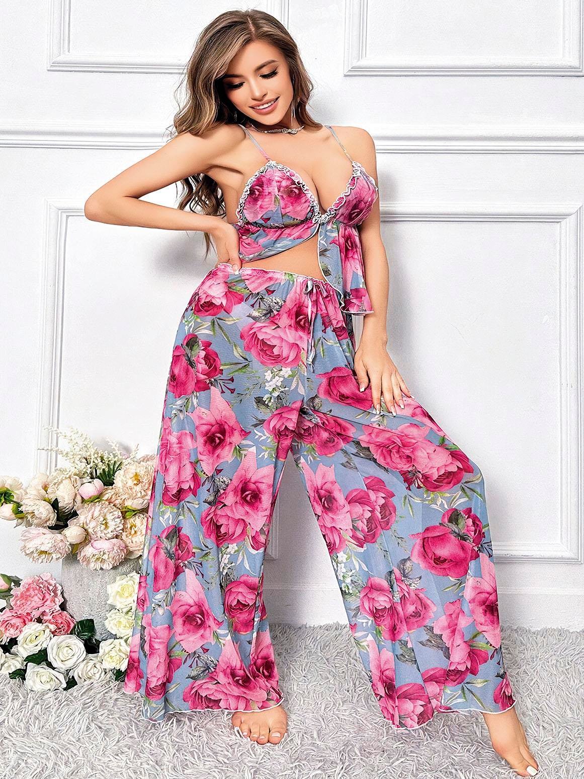 Arias Closet Özel Tasarım Büyük Beden Kırmızı Çiçek Desenli Bol Kesim 2'li Pijama Takımı