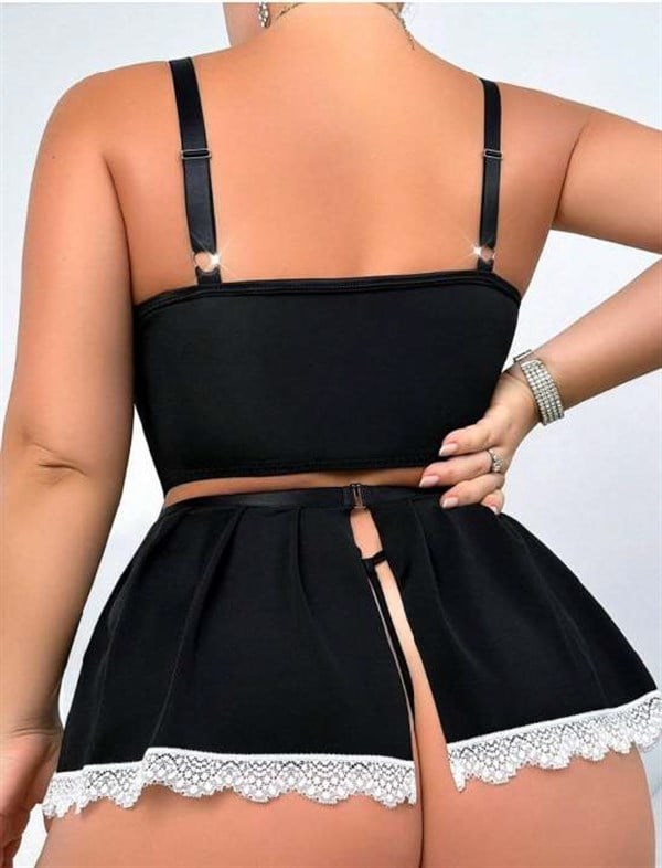 Arias Closet Özel Tasarım Büyük Beden Siyah Dantel İşlemeli Bacak Bantlı Fantezi Hizmetçi Kostümü