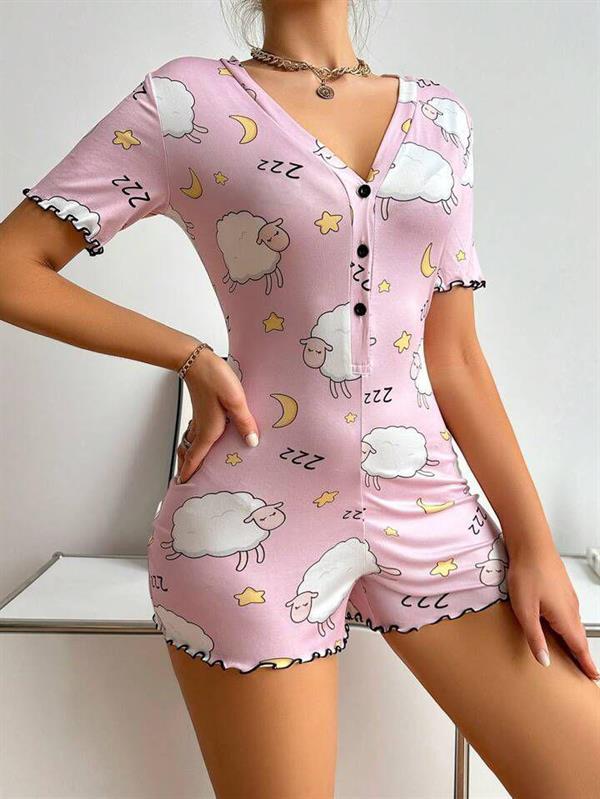Arias Closet Pamuklu Pembe Kuzu Desenli Düğmeli Uzun Kol Tulum Pijama
