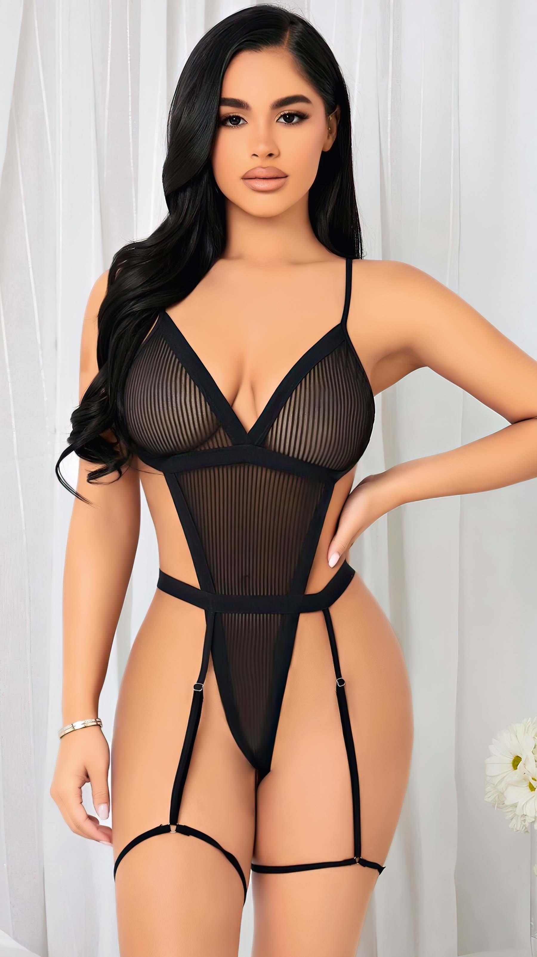 Aria's Closet Siyah İp Detaylı Tül Fantezi Body