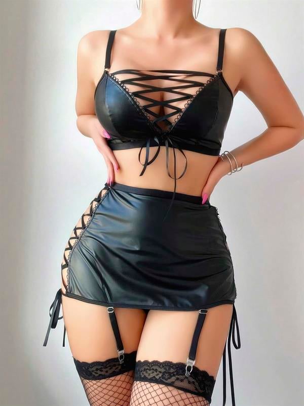 Arias Closet Siyah Lame İp Detaylı Etekli Fantezi Deri Jartiyer Takımı