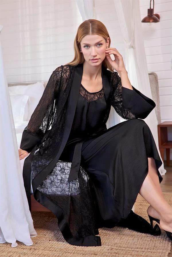 Arias Closet Uzun Kollu Dantelli ve Kuşaklı Sabahlık