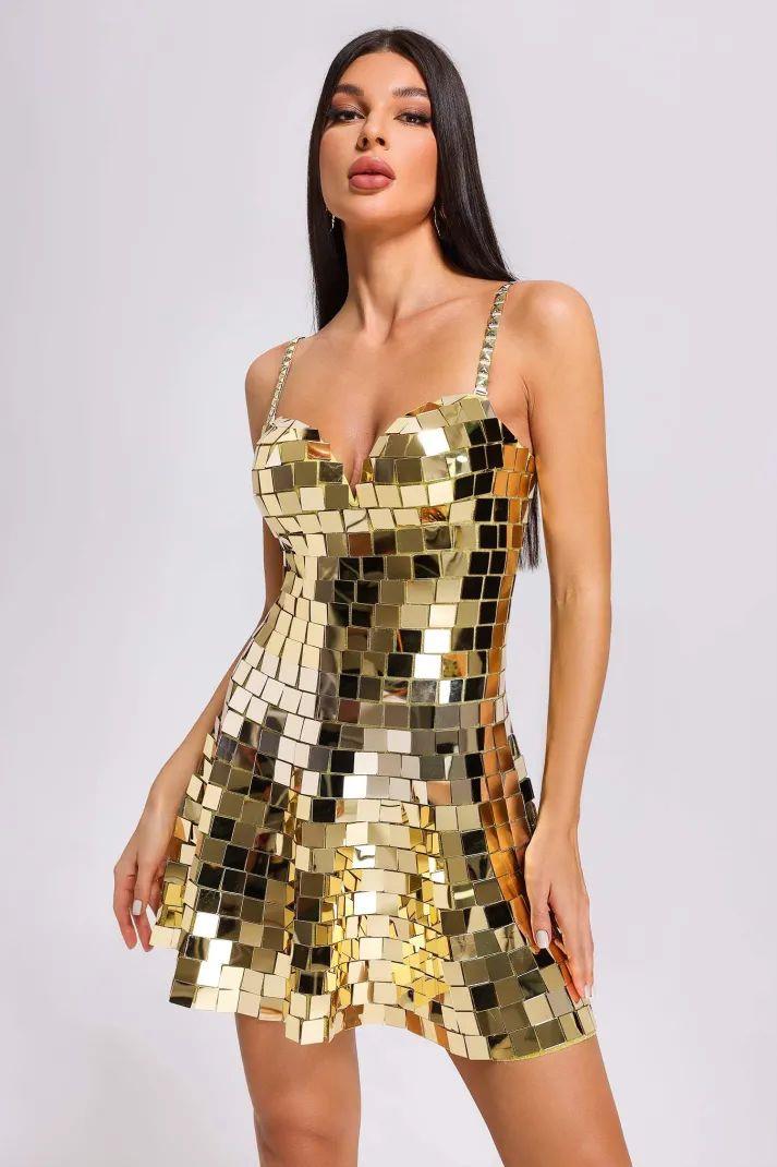 Metalik Ayna Mini Elbise