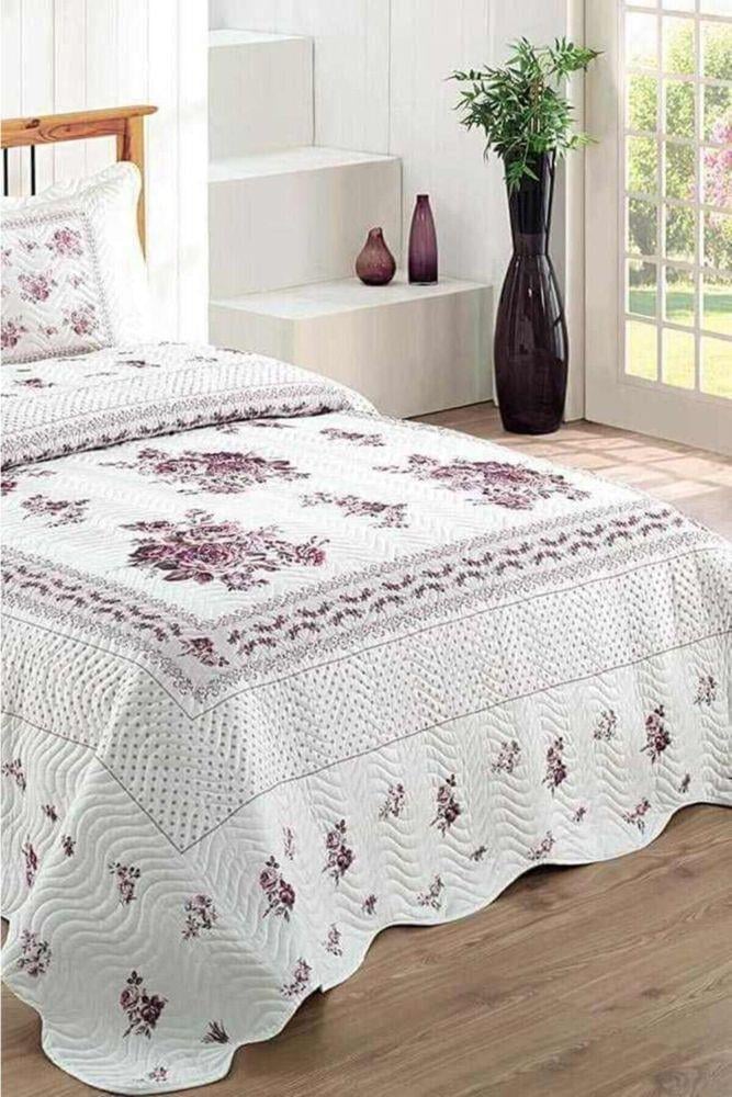 Flower Lila Çift Kişilik Kapitone Yatak Örtüsü