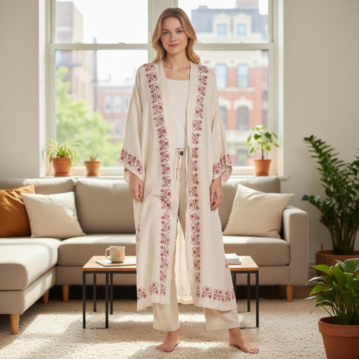 Asena Caftan Natural - Bordeaux