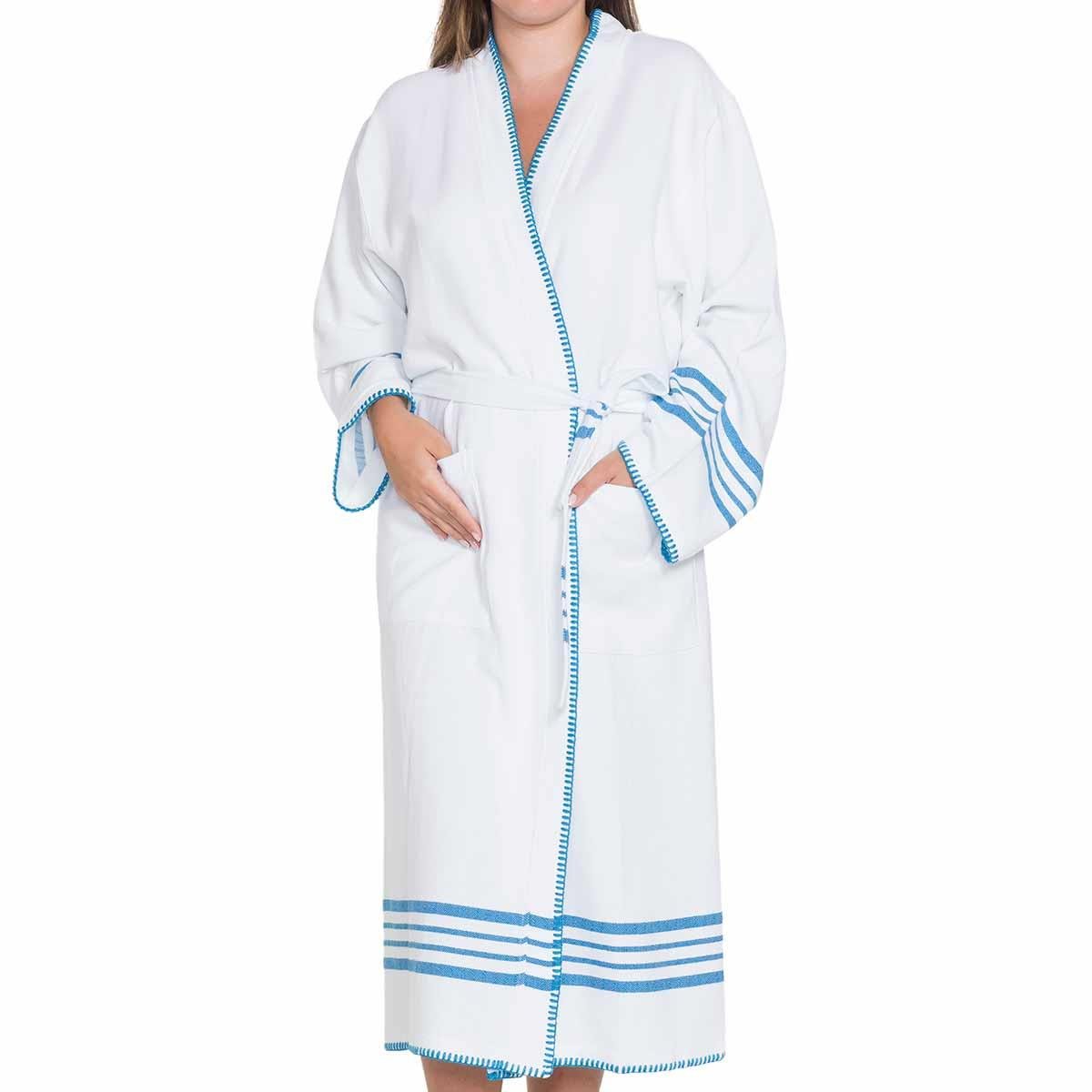 White Coban Sultan Bathrobe Kimono White - Petrol Blue