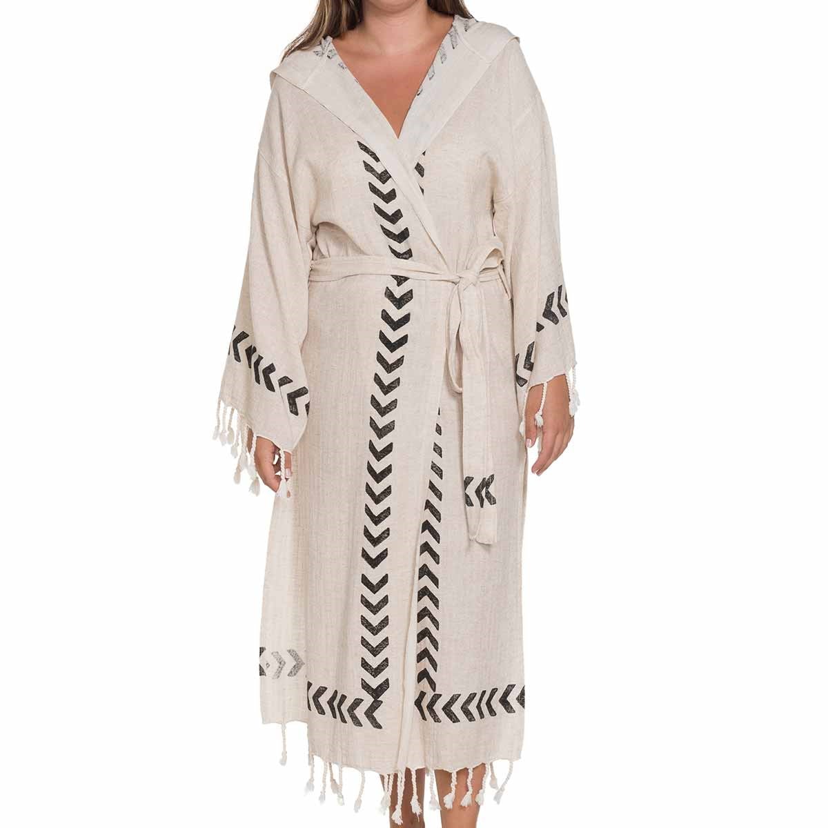 Dicle Bathrobe Hand Printed Natural - Black