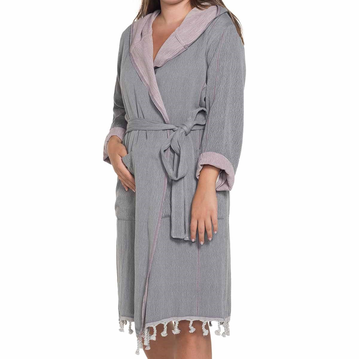 Double Bathrobe with Hood Dark Grey - Rose Pink