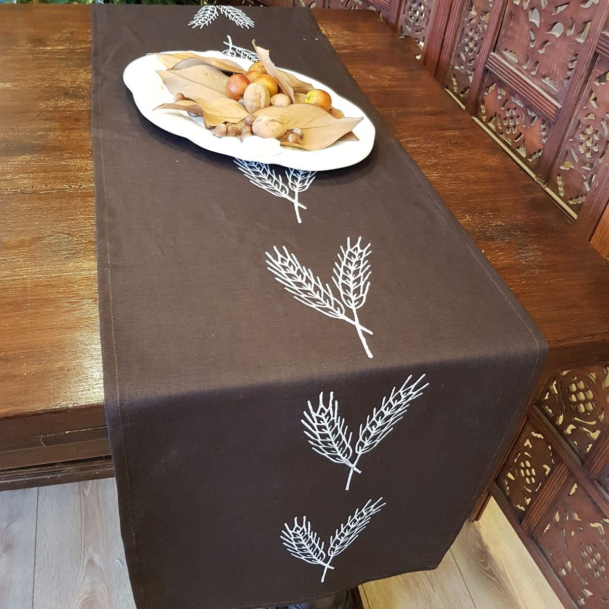 Hand Printed Virgo Runner Brown - White