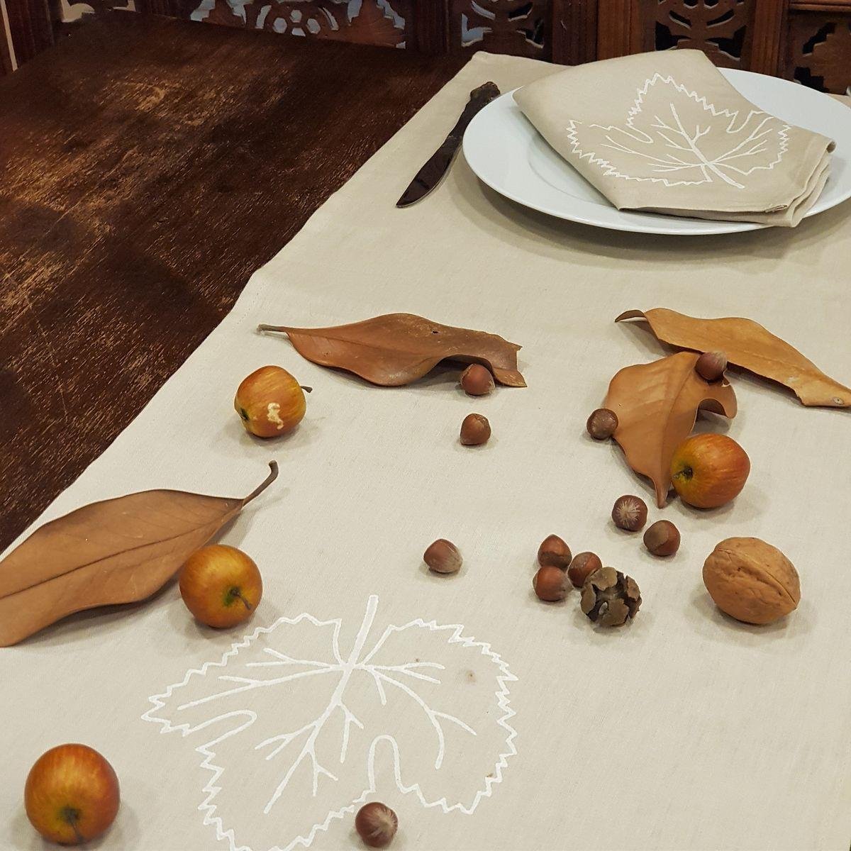 Hand Printed Leaf Runner Beige - White