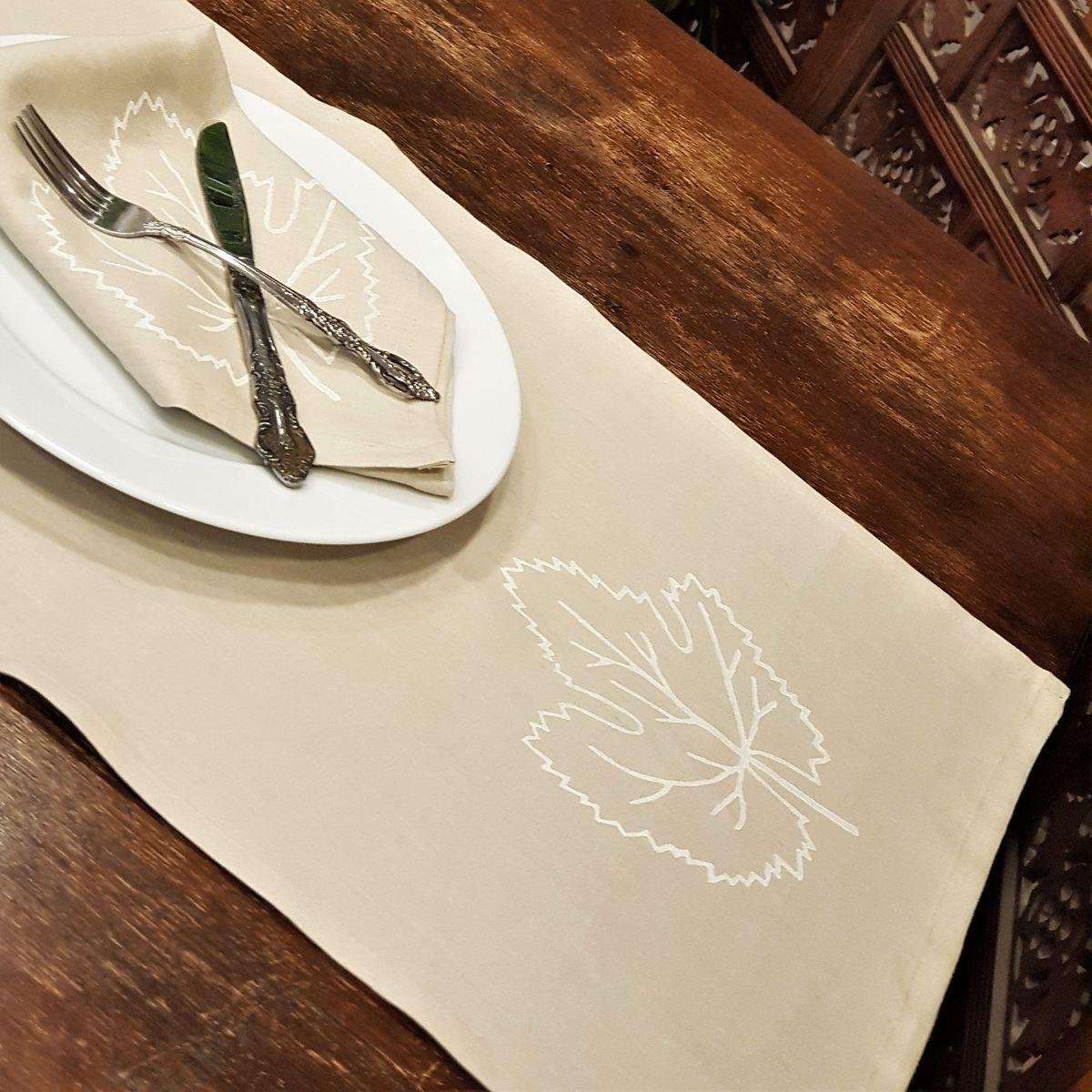 Hand Printed Leaf Runner Beige - White