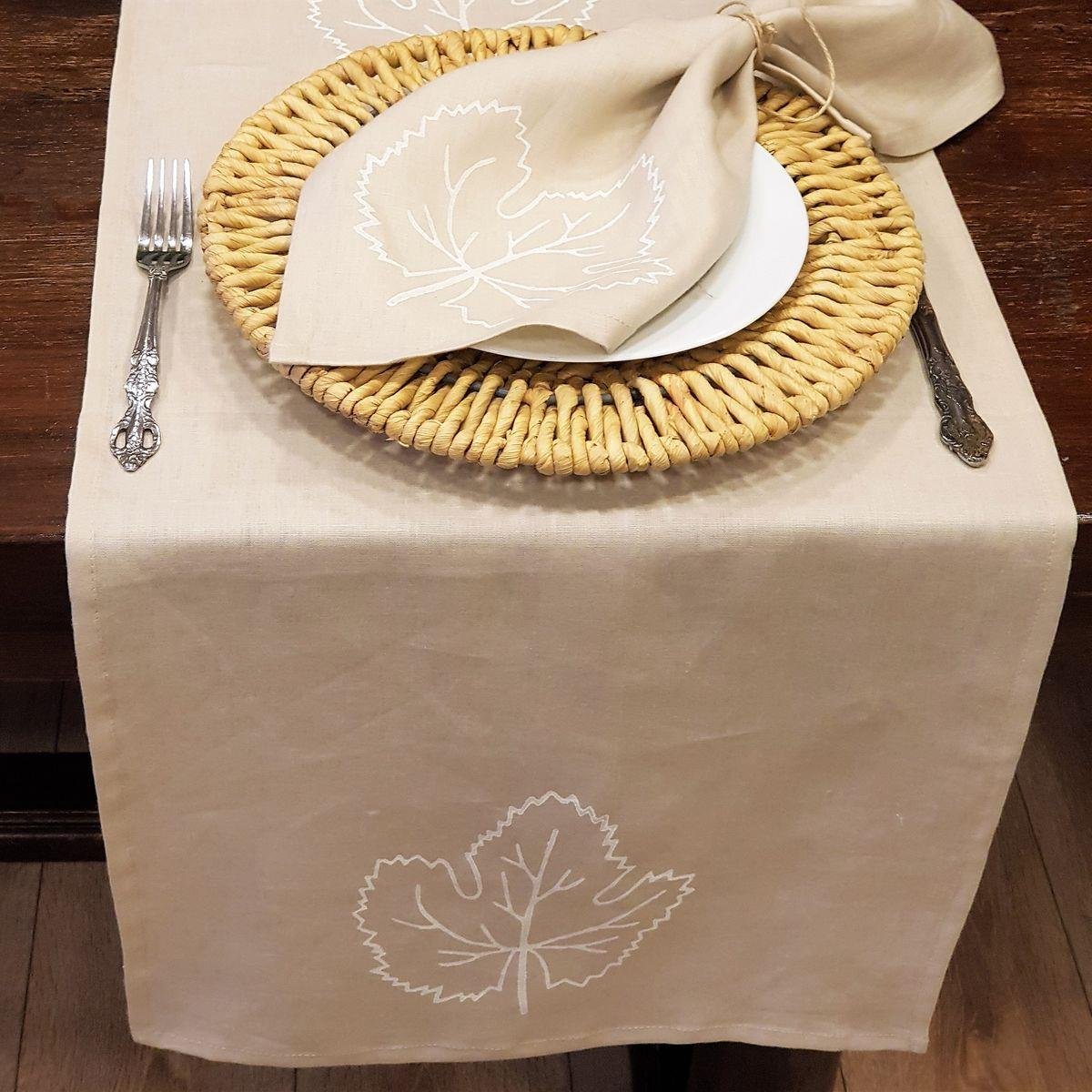 Hand Printed Leaf Runner Beige - White