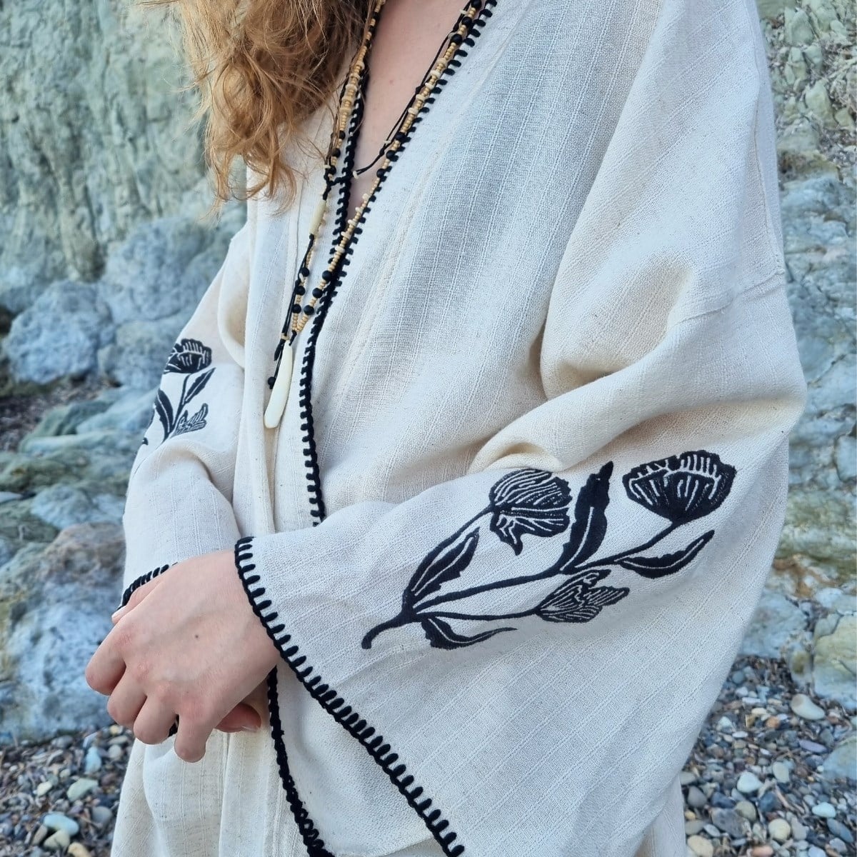 Rose Printed Caftan Natural - Black