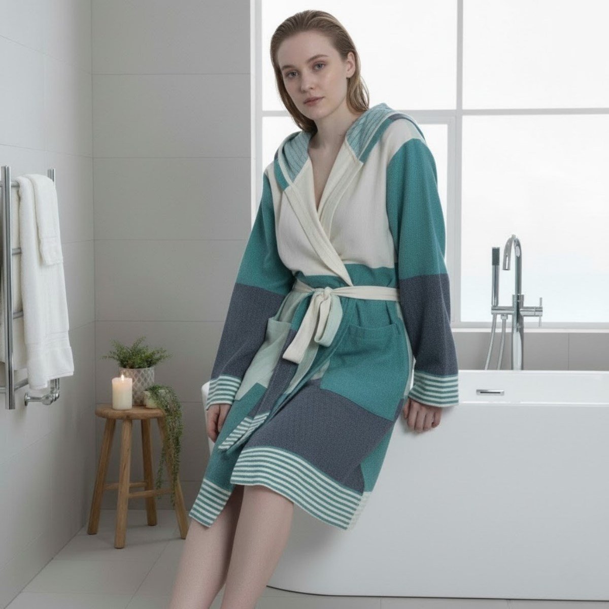 Twin Sultan Bathrobe with Hood Fanfare Green - Navy - Natural
