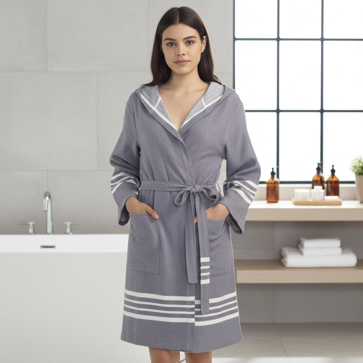 Krem Sultan Bathrobe with Hood Dark Grey