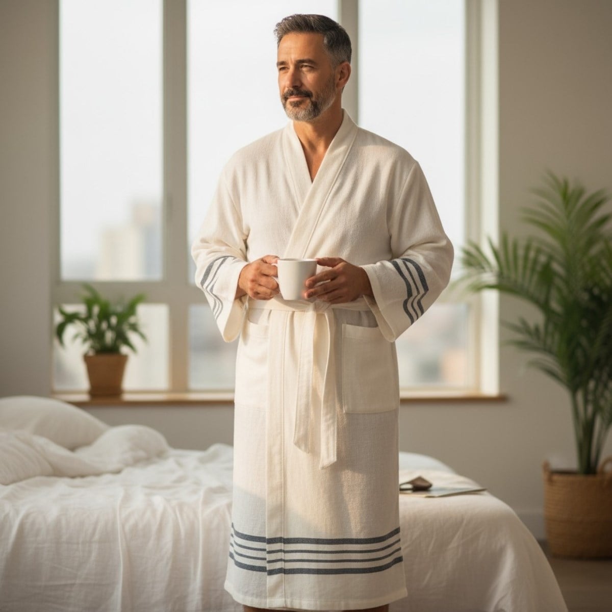 Krem Sultan Bathrobe Kimono Natural - Navy