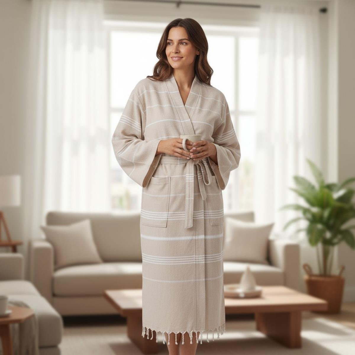 Leyla Kimono Yaka Bornoz Bej