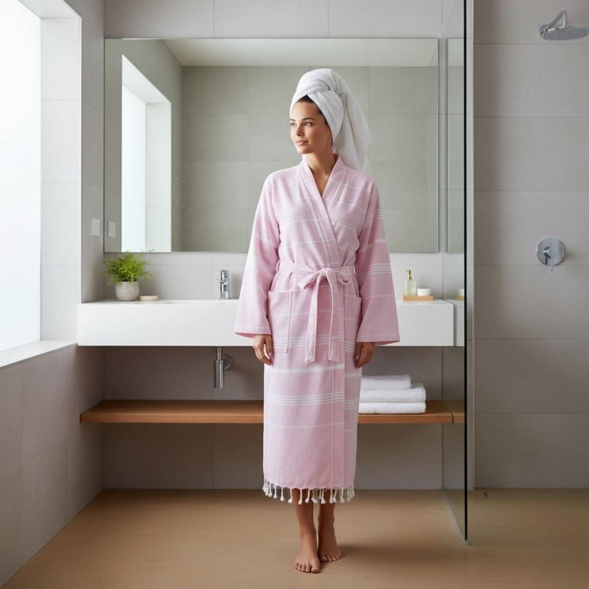 Leyla Kimono Yaka Bornoz Gül Pembe