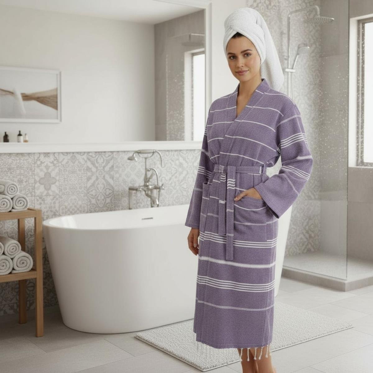 Leyla Kimono Yaka Bornoz Koyu Mor