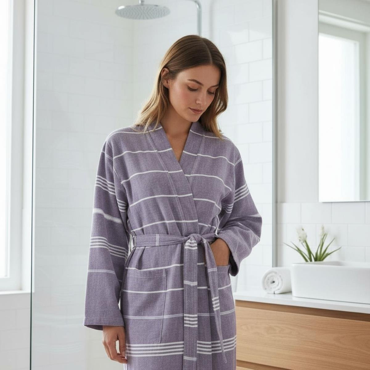 Leyla Kimono Yaka Bornoz Koyu Mor