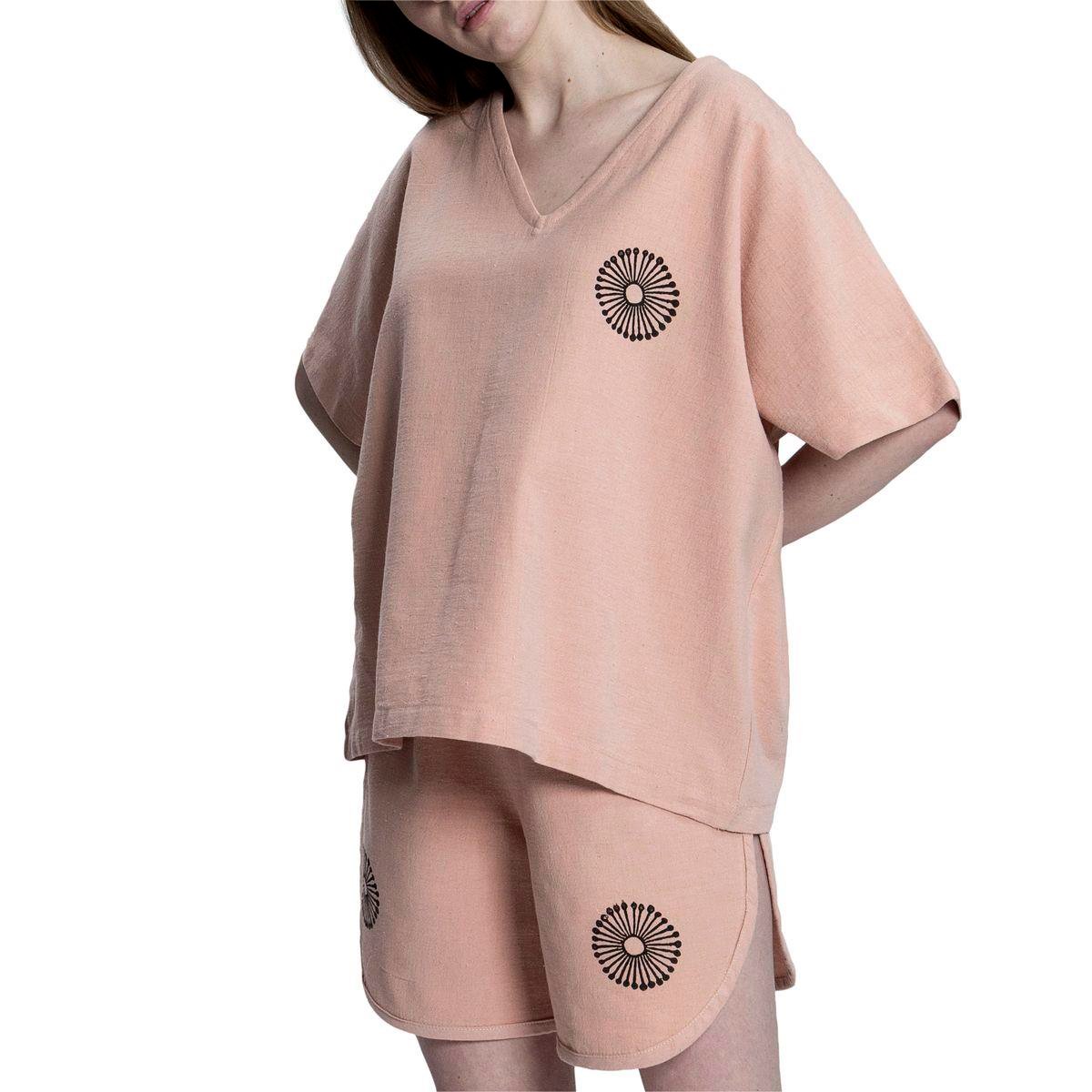 Taş Baskı Püsküllü Bluz Gül Pembe
