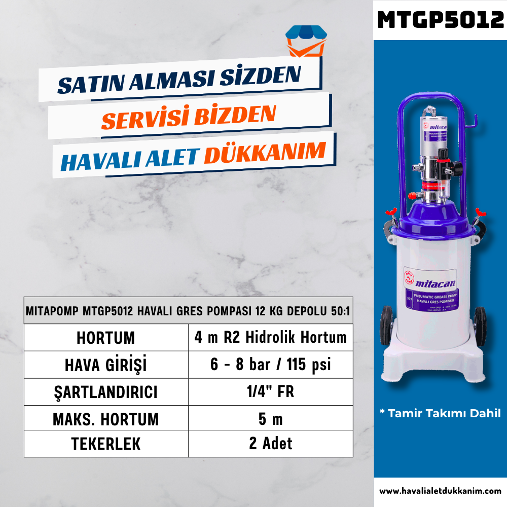 50:1 12 kg. Depolu Havalı Gres Pompası