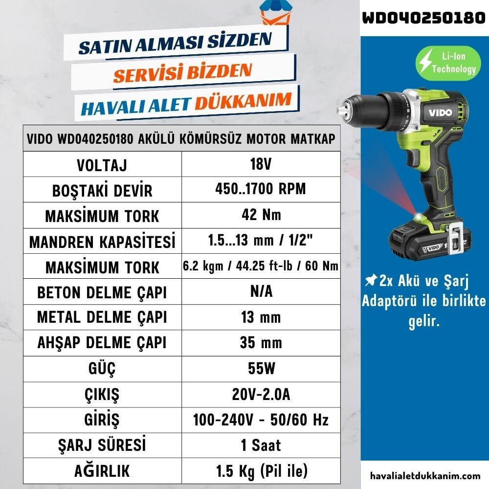 Akülü MatkapVIDO WD040250180 Kompakt Kömürsüz Motor Matkap ve Vidalama 18V