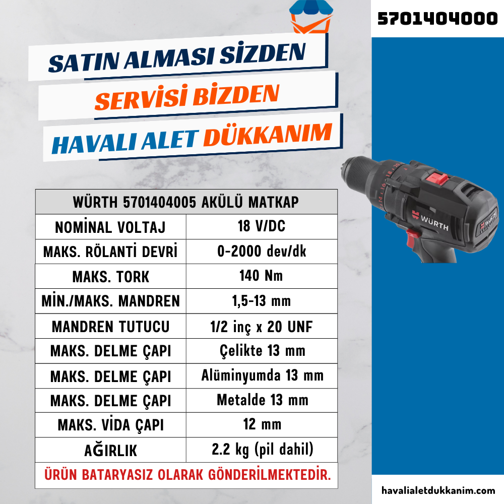 Akülü MatkapWürth 5701404000 Akülü Matkap Bataryasız