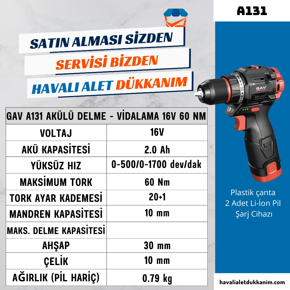 Akülü Vidalama MakinesiGAV A131 Akülü Delme - Vidalama 16V 60 Nm