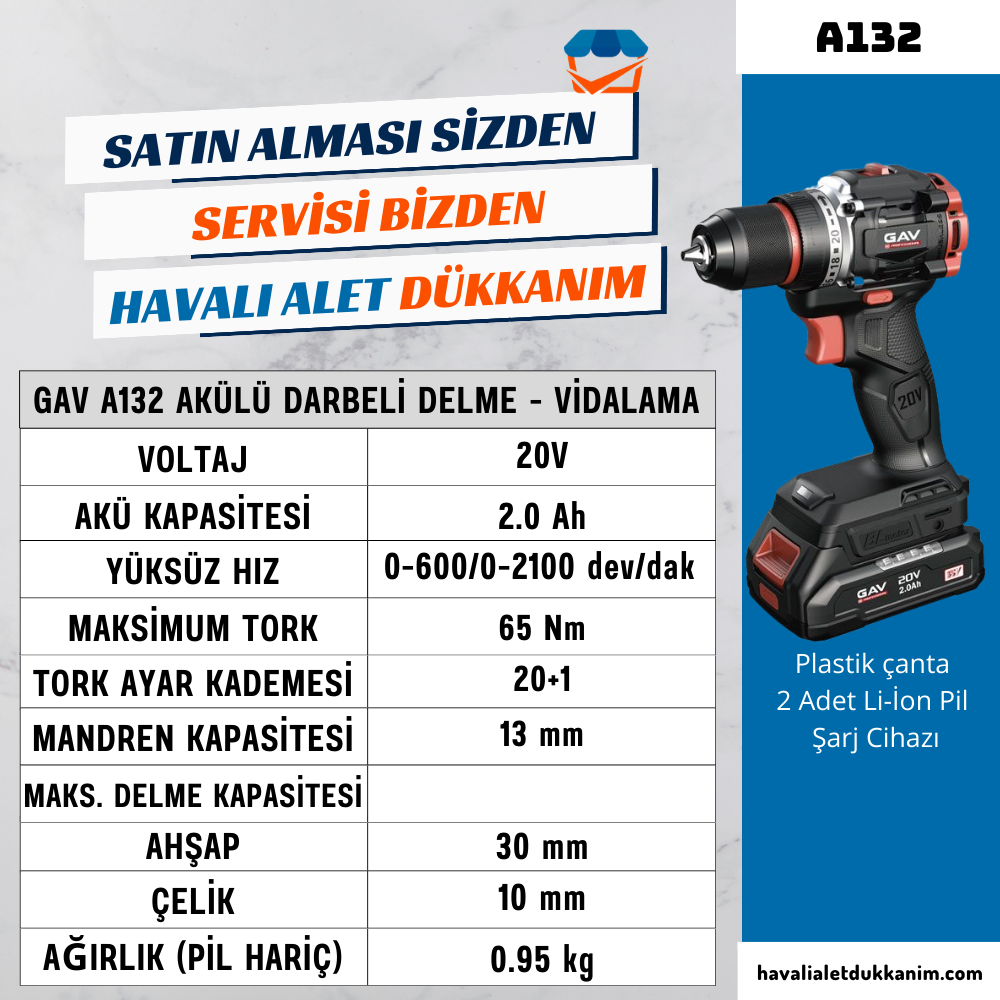 Akülü Vidalama MakinesiGAV A132 Akülü Darbeli Delme - Vidalama 20V 65 Nm