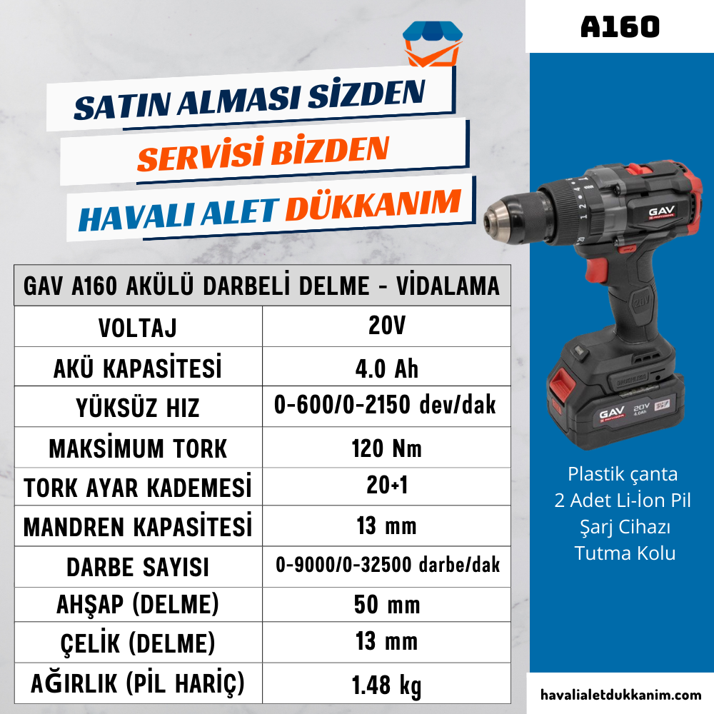 Akülü Vidalama MakinesiGAV A160 Akülü Darbeli Delme - Vidalama 20V 120 Nm